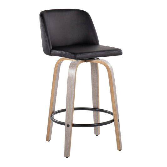 Toriano - Set of 2 -18" Light Grey Wood & Black Faux Leather Swivel Counter Stools with Round Black Metal Footrest