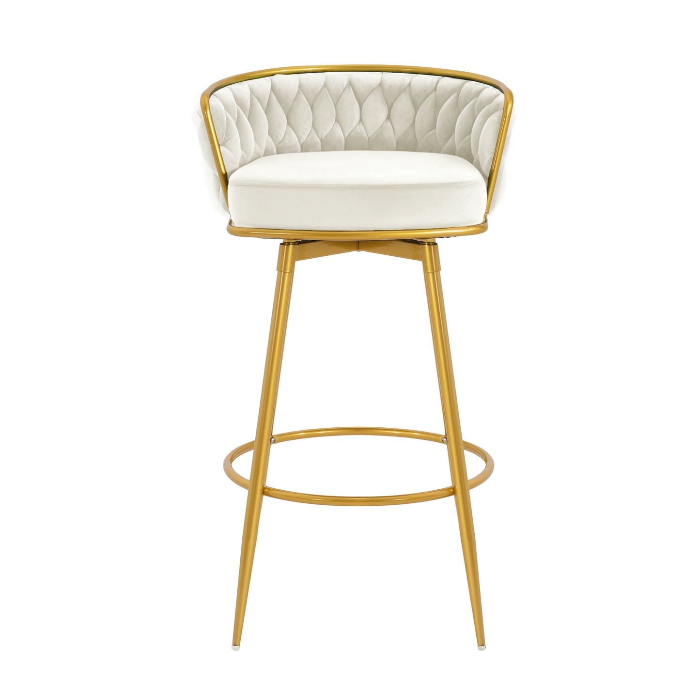 Stalbrook - Set of 2 - 31.5” Swivel Counter Height Bar Stools with Hand-Woven Backrest, Gold Metal Legs, Beige Upholstered Seats