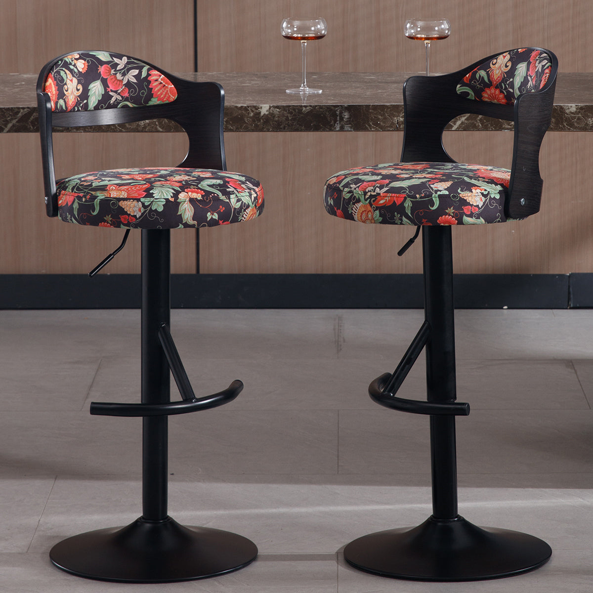 Bennett - Set of 2 - 26" Black Adjustable Swivel Bar Stools with Solid Wood Backrest and Soft Fabric Upholstery