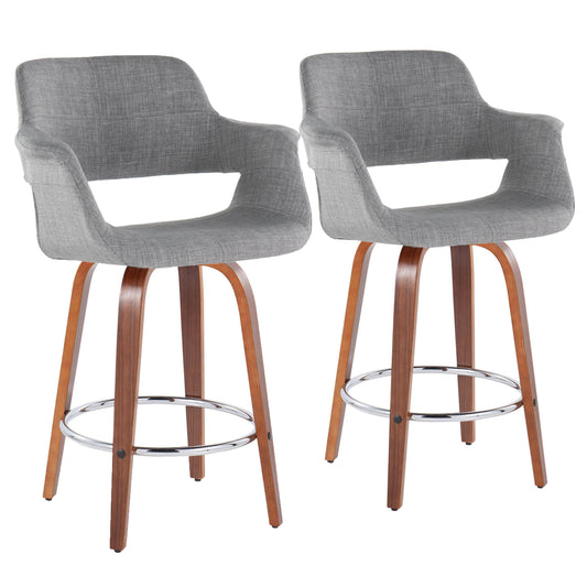 Vintage Flair - Set of 2 - 26" Mid-Century Modern Fixed-Height Swivel Counter Stool -- Walnut Wood & Light Grey Fabric with Round Chrome Footrest