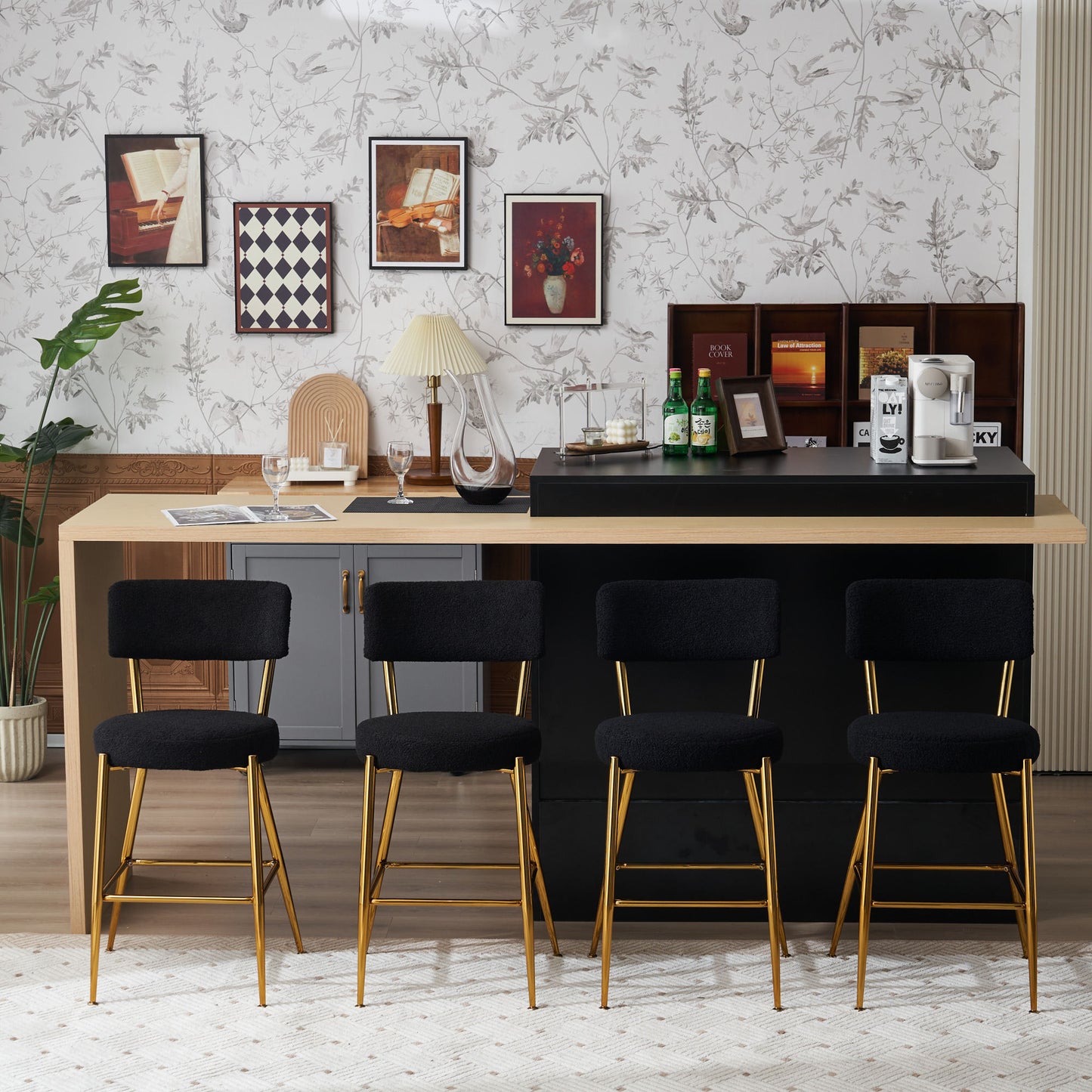 Nashford - Set of 2 - 25" Black Bar Stools with Modern Teddy Fabric Upholstery and Metal Base for Kitchen & Dining