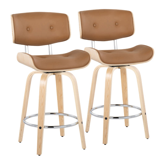 Lorien - Set of 2 - 26" Mid-Century Modern Fixed-Height Counter Stools in Natural Wood and Camel Faux Leather with Chrome Footrest, 360° Swivel