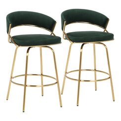 Luxaris - Set of 2 - 23" Green Velvet Upholstered Glam Counter Stools with Gold Metal Frame, Fixed-Height