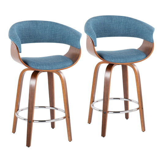 Hanford - Set of 2 -24"- Walnut Wood & Blue Fabric Mid-Century Counter Stools with 360° Swivel