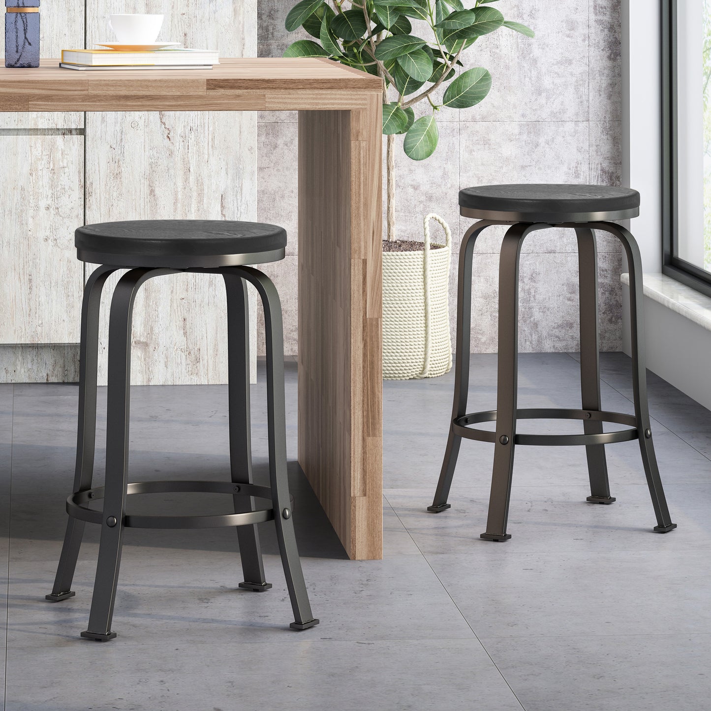 Hemlock - Set of 2 - 25" Black Swivel Counter Stools with Faux Wood Seat and High Back