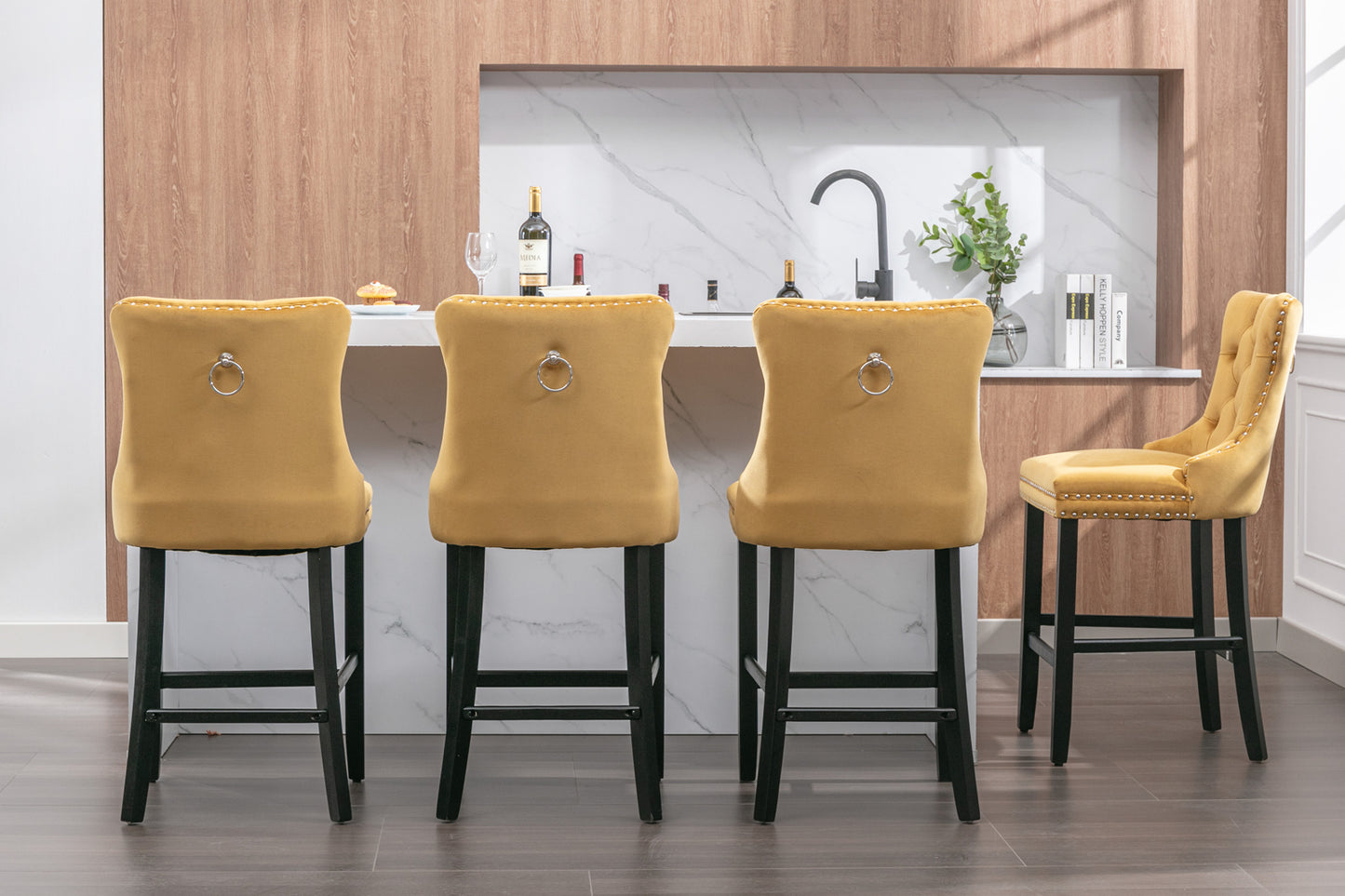 Golden Velvet - Set of 2 - 23.6" Upholstered Bar Stools with Button Tufted Design, Chrome Nailhead Trim & Wooden Legs