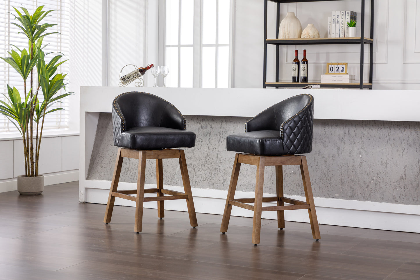 Virissa - Set of 2 - 37" Black PU Counter Height Bar Stools with 360° Swivel, Footrest, and Solid Wood Legs