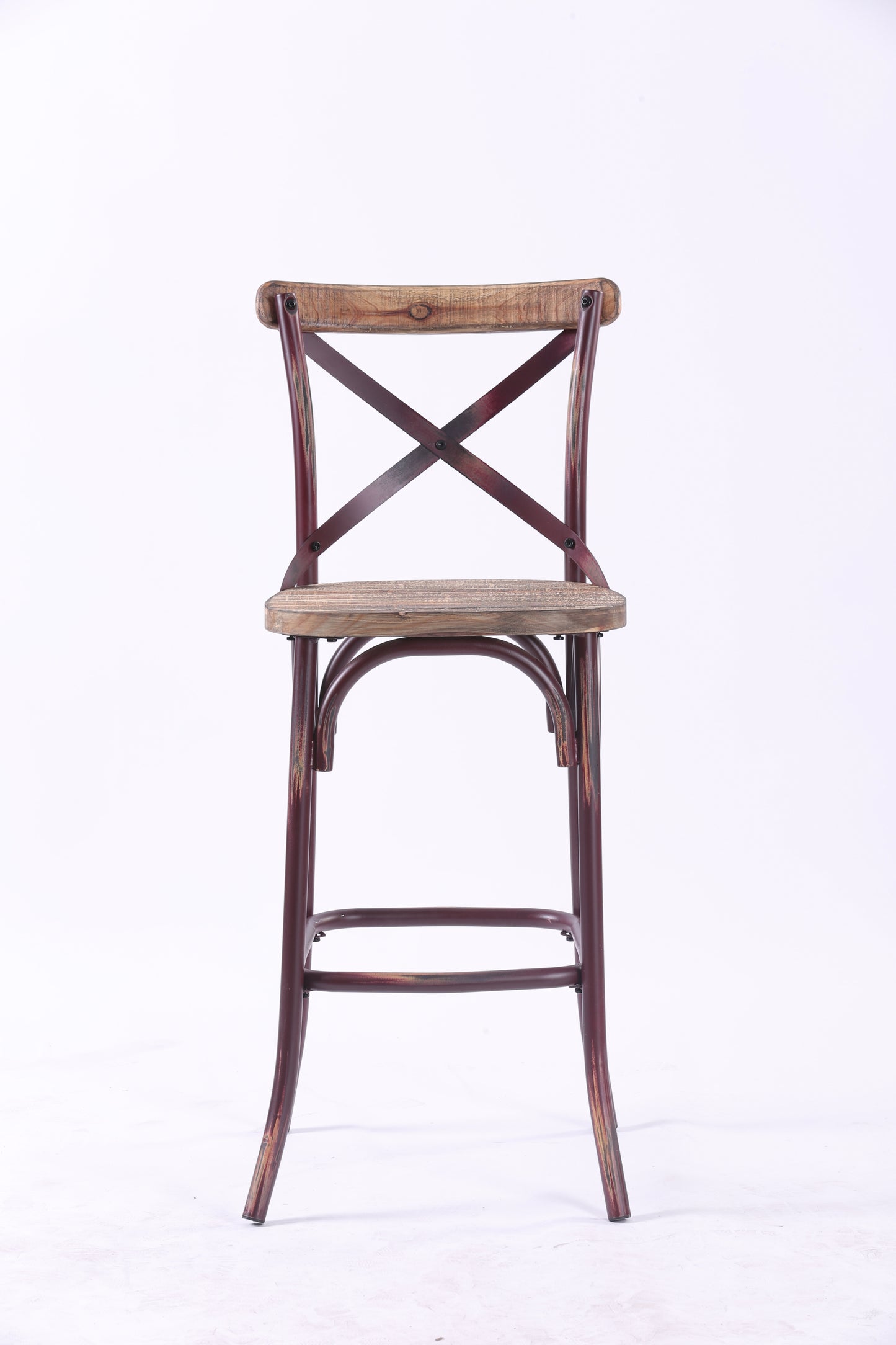 Zorina -  set of 2 -29" Seat Height Industrial High-Back Bar Chair in Antique Red and Oak, 43" Overall Height