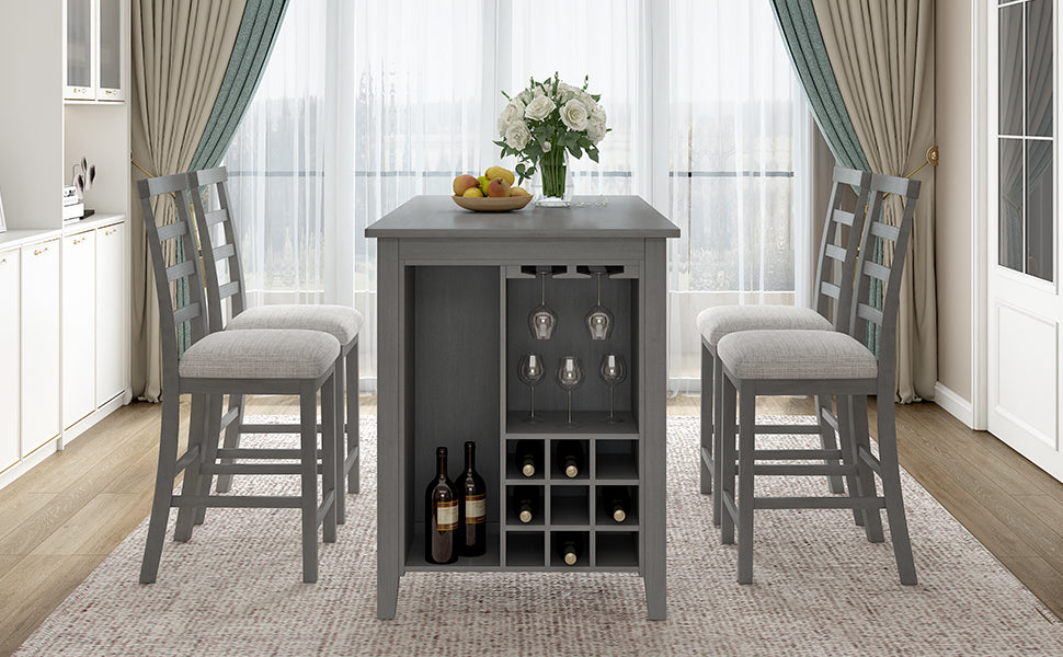 Tymorath - Set of 5 - 26" Gray Counter Height Dining Set with Solid Wood Table, Padded Chairs, Integrated Wine Storage, and Glass Holders - 35.4" Height