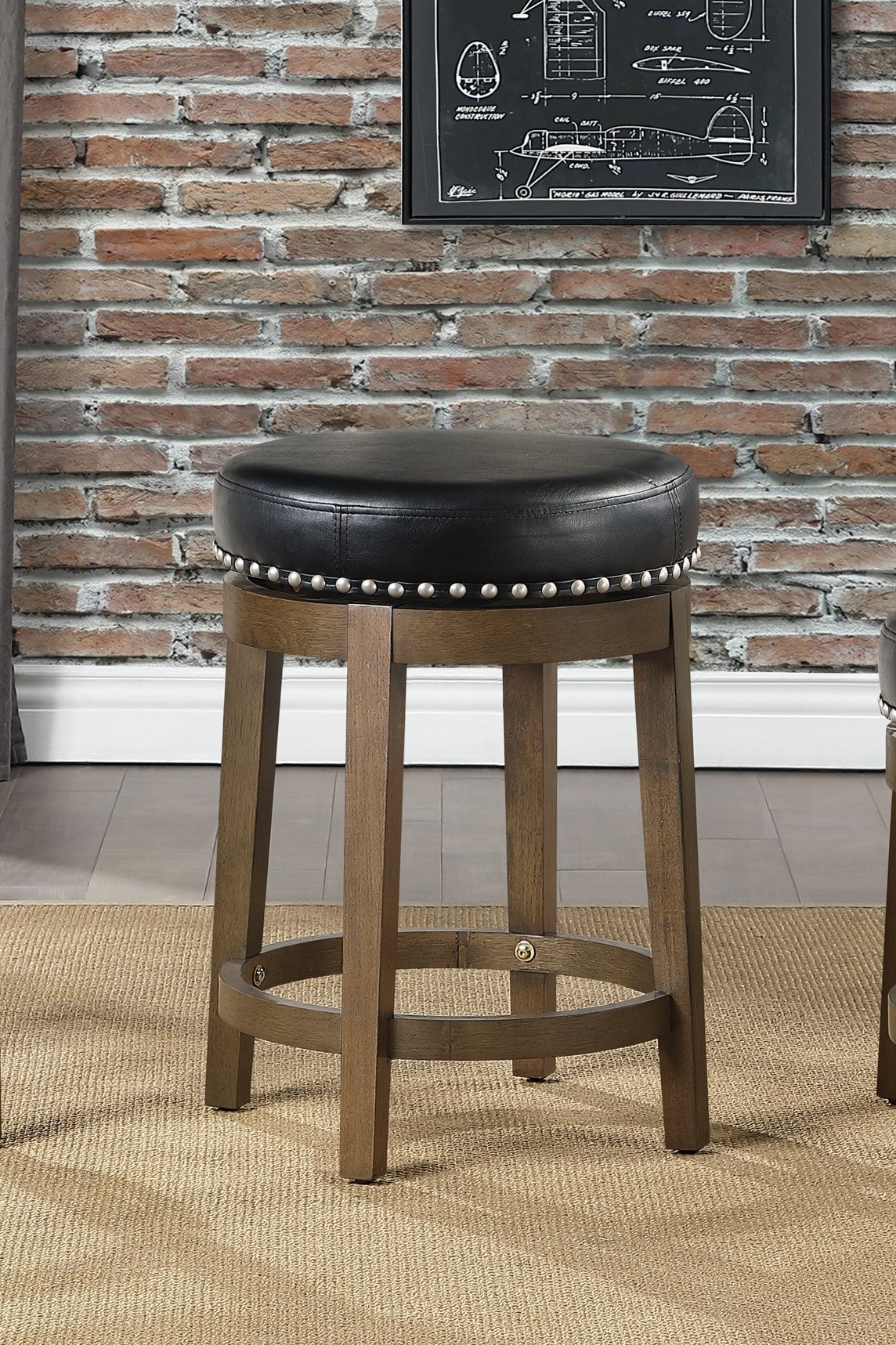 Woventra - Set of 2 - 26" Black Faux Leather Swivel Counter Stools with Nailhead Trim, Solid Wood Frame, and Brown Finish