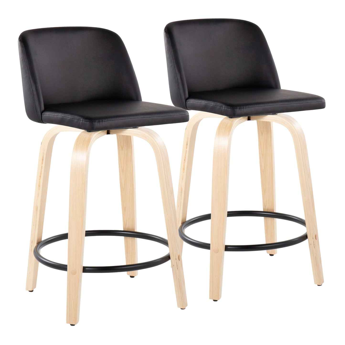 Torsten - Set of 2 - 24" Natural Wood & Black Faux Leather Swivel Counter Stools with Round Black Metal Footrest