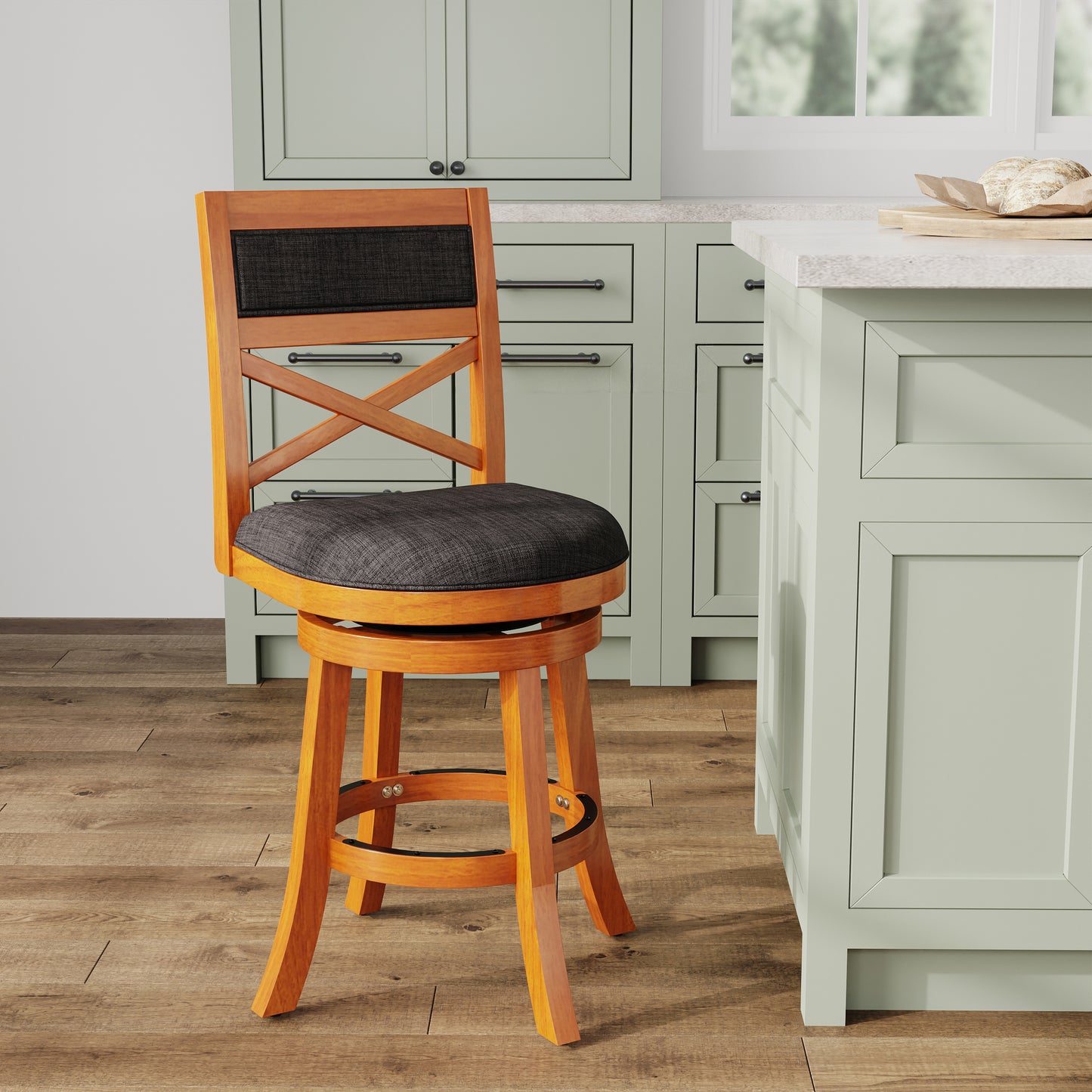 Miral - Set of 2 - 24" Counter Height Swivel Stools with Charcoal Fabric Seat, Natural Wood Finish, and X-Back Design