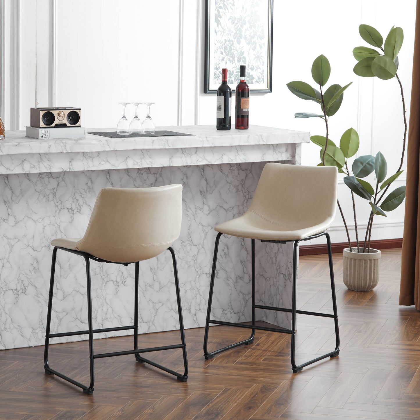 Hextora - Set of 2 - 25" White Faux Leather Swivel Bar Stools with Back – Adjustable Counter Height Stool with Ergonomic Design for Kitchen Island