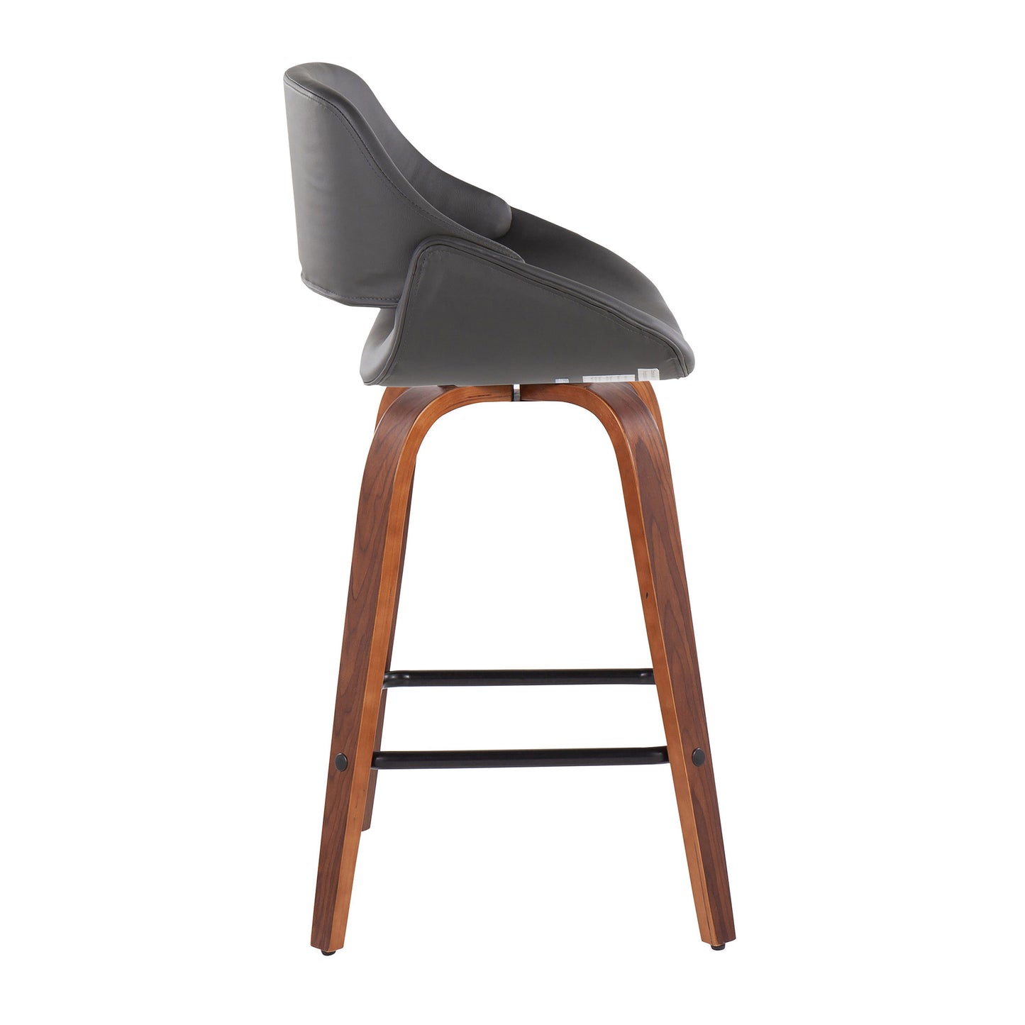 Emrys - Set of 2 - 30" Fixed-Height Mid-Century Modern Counter Stool with Walnut Wood, Grey Faux Leather, and Square Black Footrest