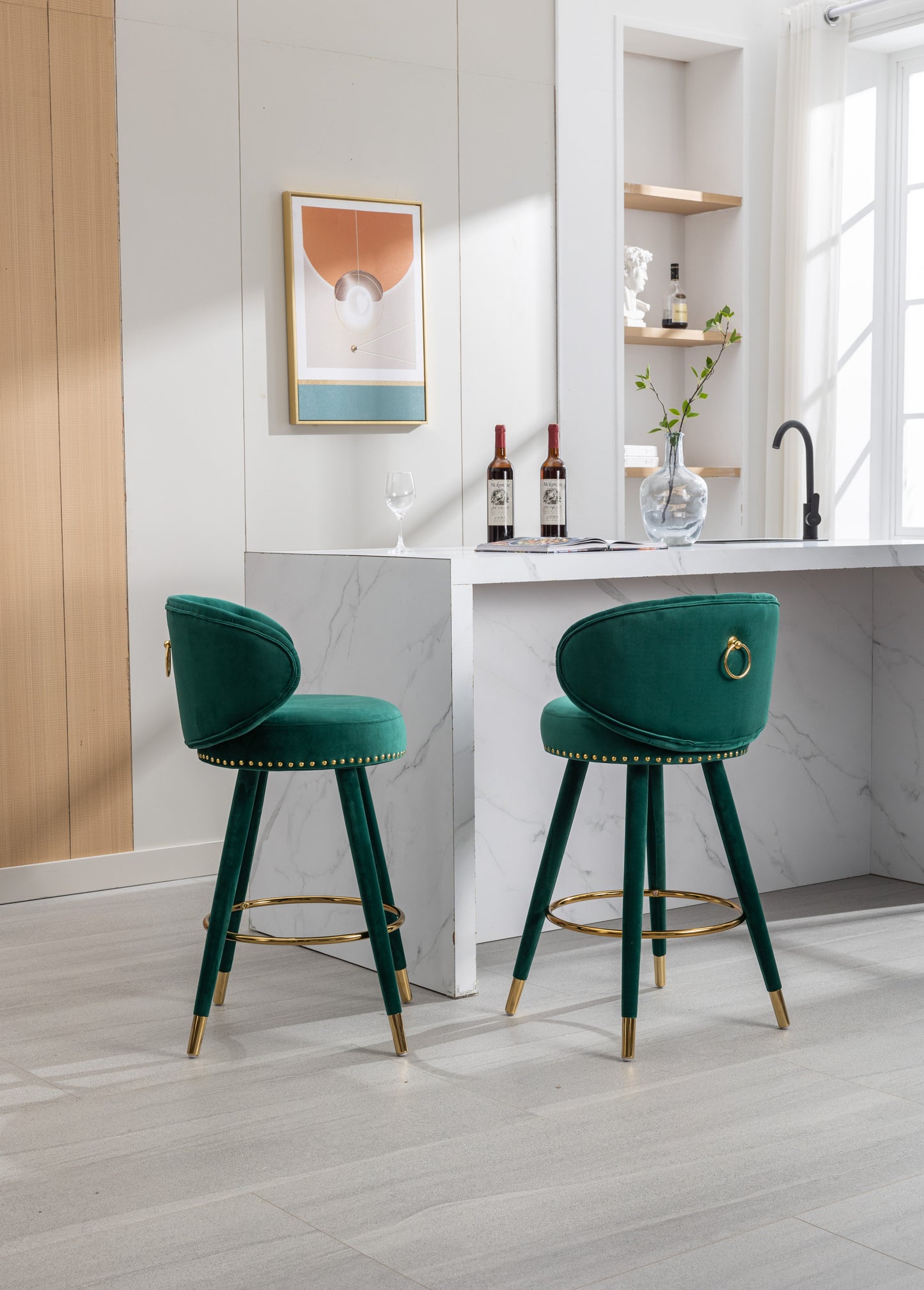 Lurian - Set of 2 - 28" Emerald Velvet Swivel Counter Height Bar Stools, Solid Wood Legs, Ergonomic Backrest, Retro Design