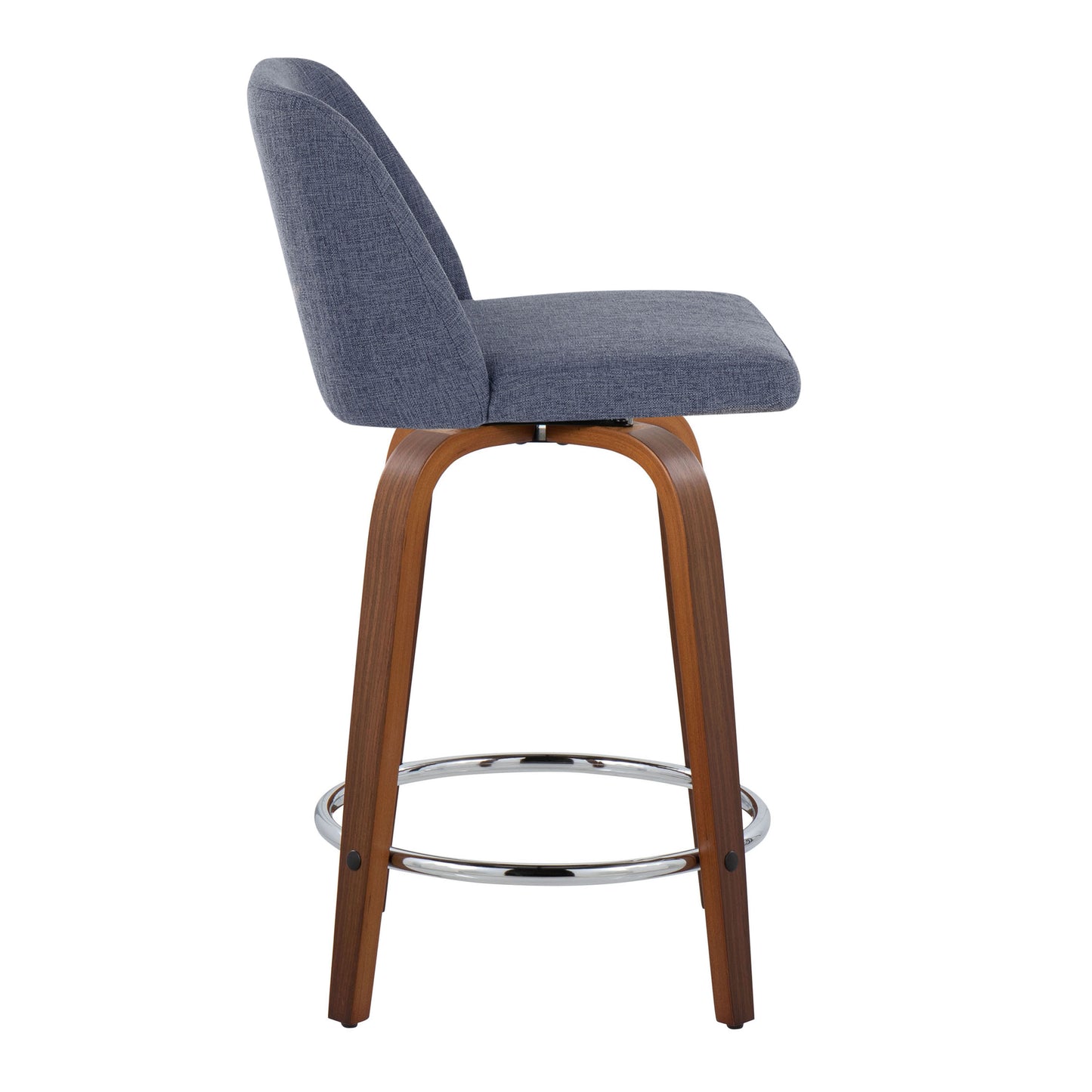 Terelle- Set of 2 - 24" Blue Swivel Mid-Century Modern Counter Stools with Walnut Wood Legs and Chrome Footrest