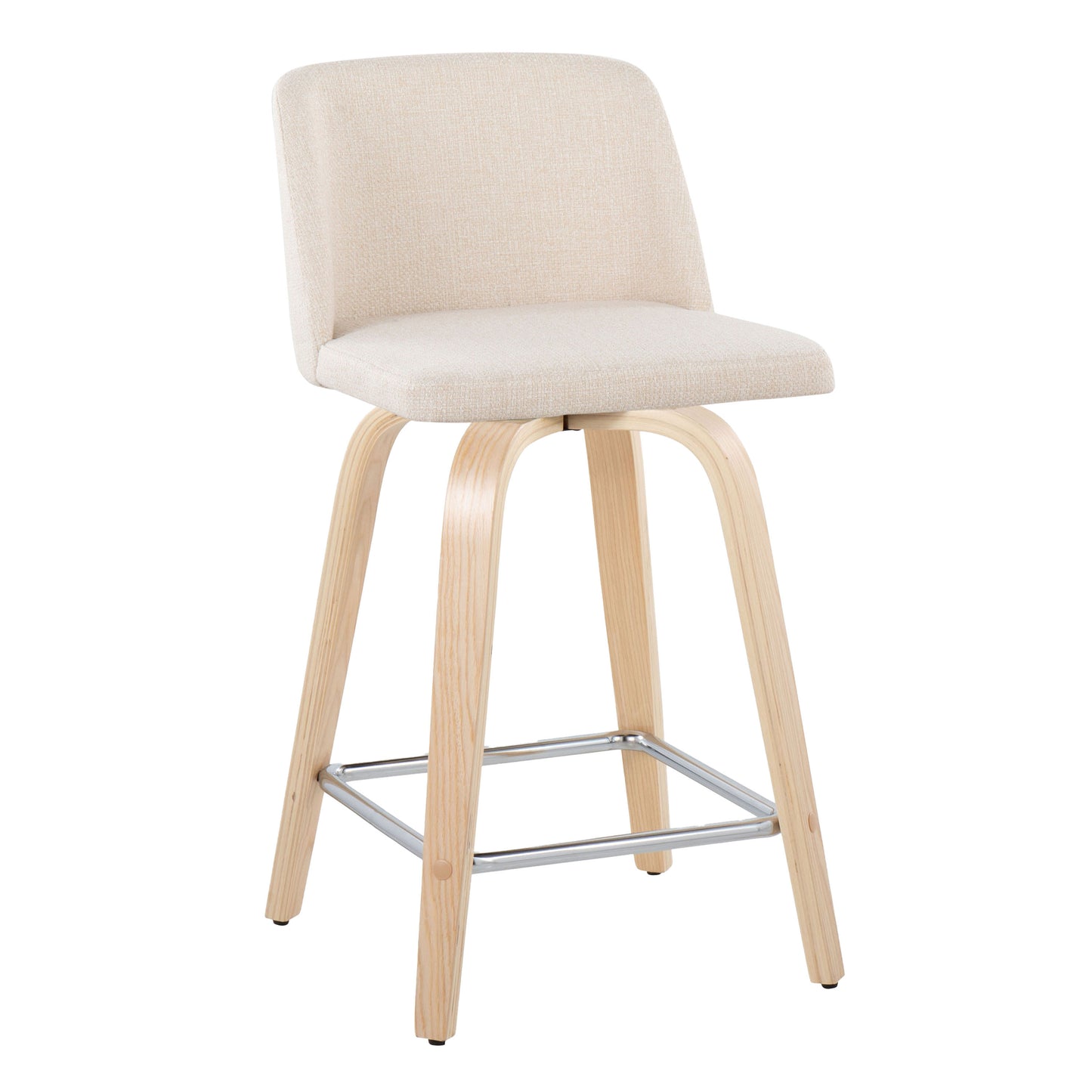 Turithian - Set of 2 - 24" Natural Wood Swivel Counter Stools with Cream Upholstered Seat and Chrome Footrest