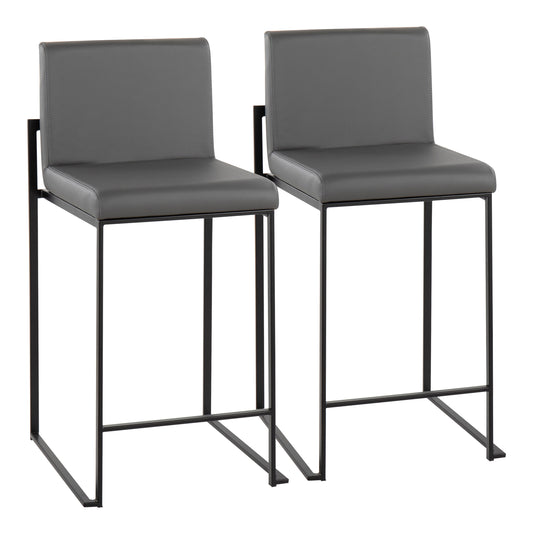 Merton - Set of 2 - 35.5" High Back Grey Faux Leather Counter Stools in 19.5" Black Steel Frame