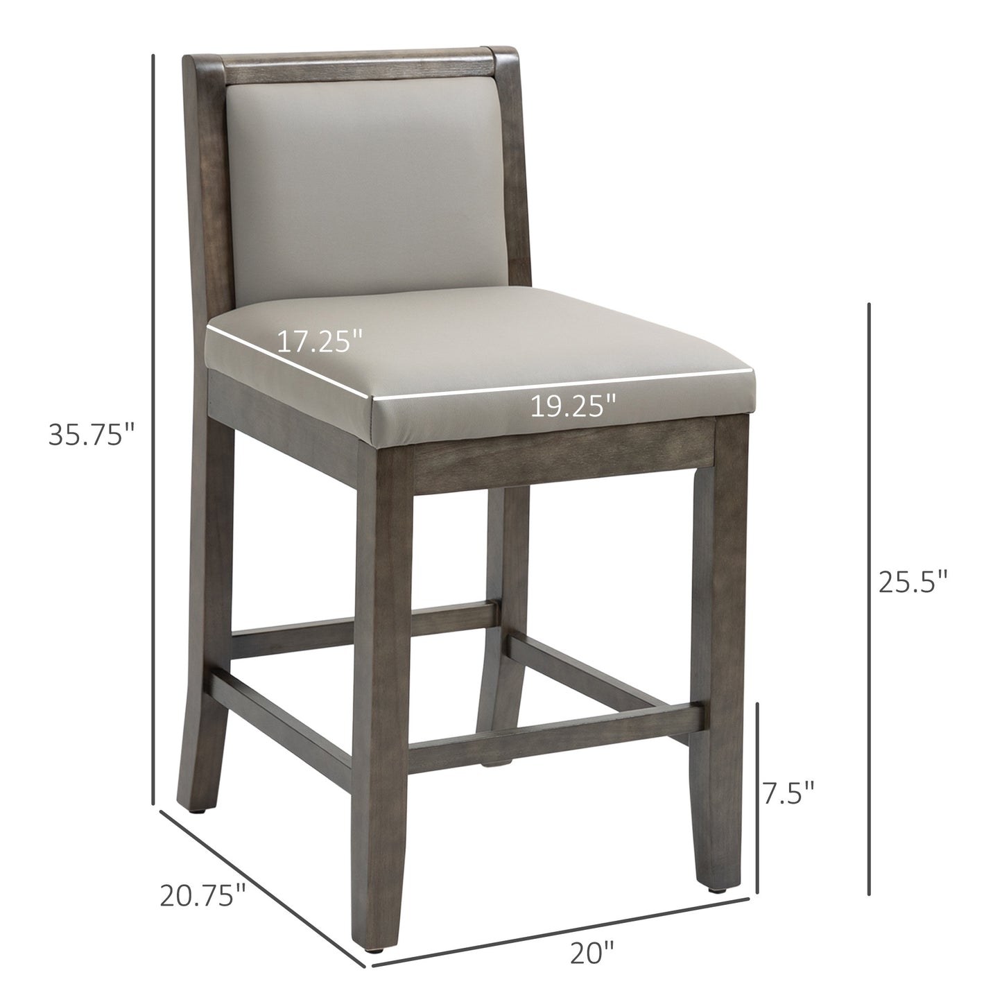 Horizon - Set of 2 - 25.5" Grey PU Leather Upholstered Counter Height Bar Stools with Back and Rubber Wood Frame