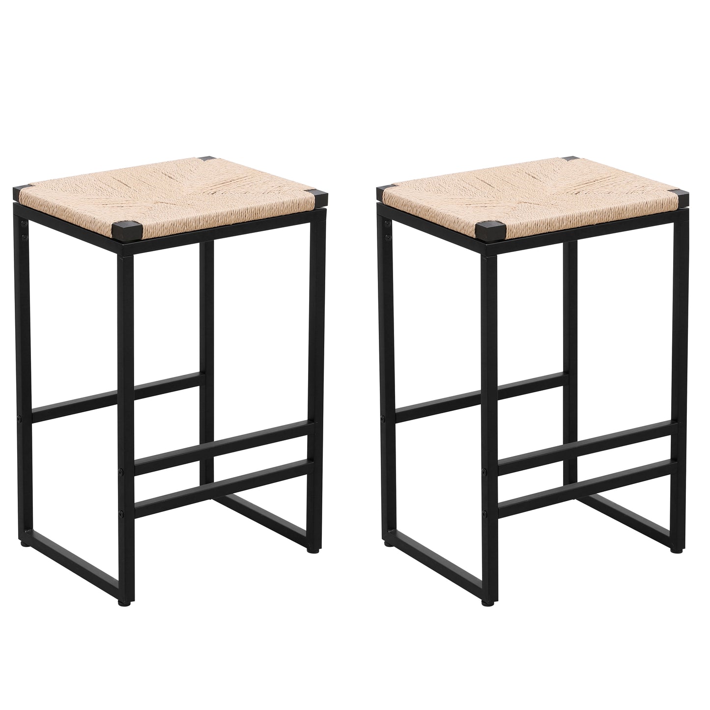 Savannah - Set of 2 - 25" Backless Bar Stools with Woven Paper Rope Seats and Metal Frame, Natural Finish - Set of 2 - 25" Backless Bar Stools with Woven Paper Rope Seats and Metal Frame, Natural Finish