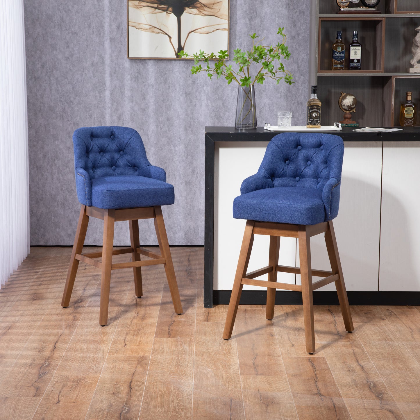 Holmwood - Set of 2 - 28" Navy Linen Swivel Bar Stools with Solid Wood Legs, 360° Counter Height Chairs for Kitchen & Dining Room