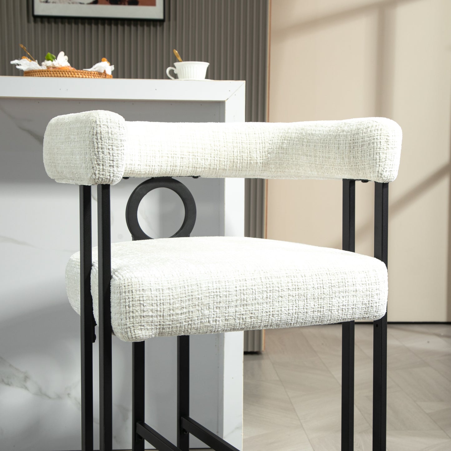 Sycamore - Set of 2 - 24" Beige Chenille Bar Stools with Black Metal Frame for Kitchen & Bar, Stylish and Comfortable Dining Chairs