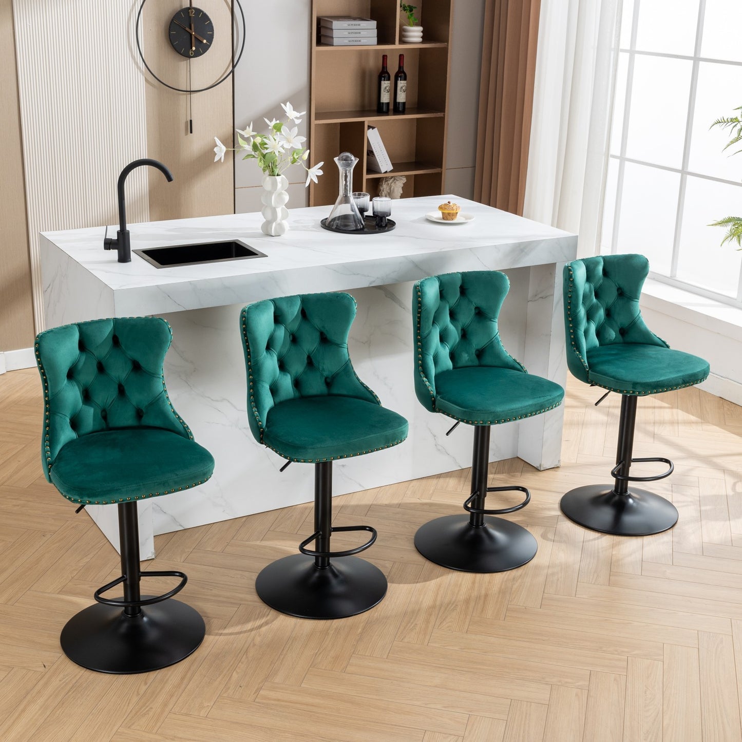 Luxury  - Set of 2 - 25" Green Velvet Swivel Barstools with Adjustable Seat Height, Upholstered Tufted Chairs & Copper Nailheads