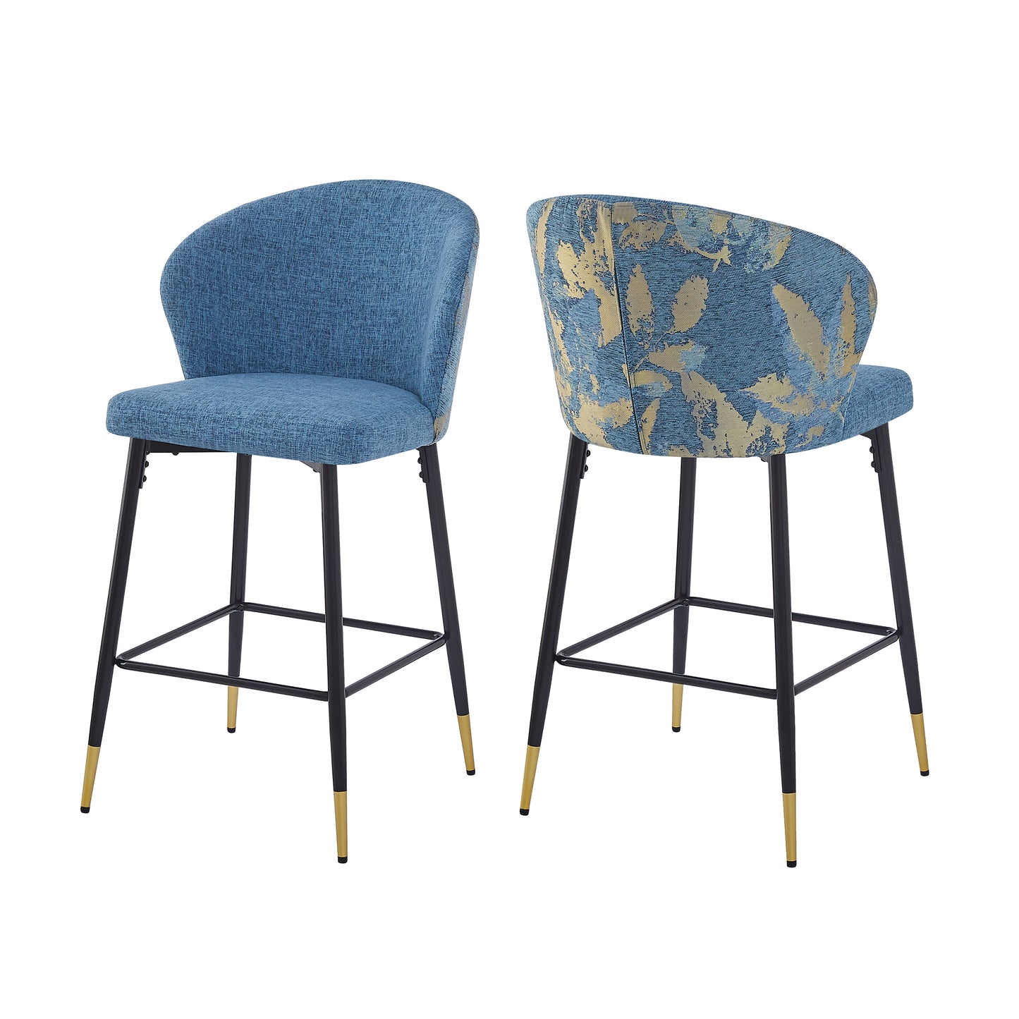 Loressa - Set of 2 - 28" Blue Jacquard Counter Height Bar Stools, Modern Wingback Design, Metal Frame with Black & Gold Footrests