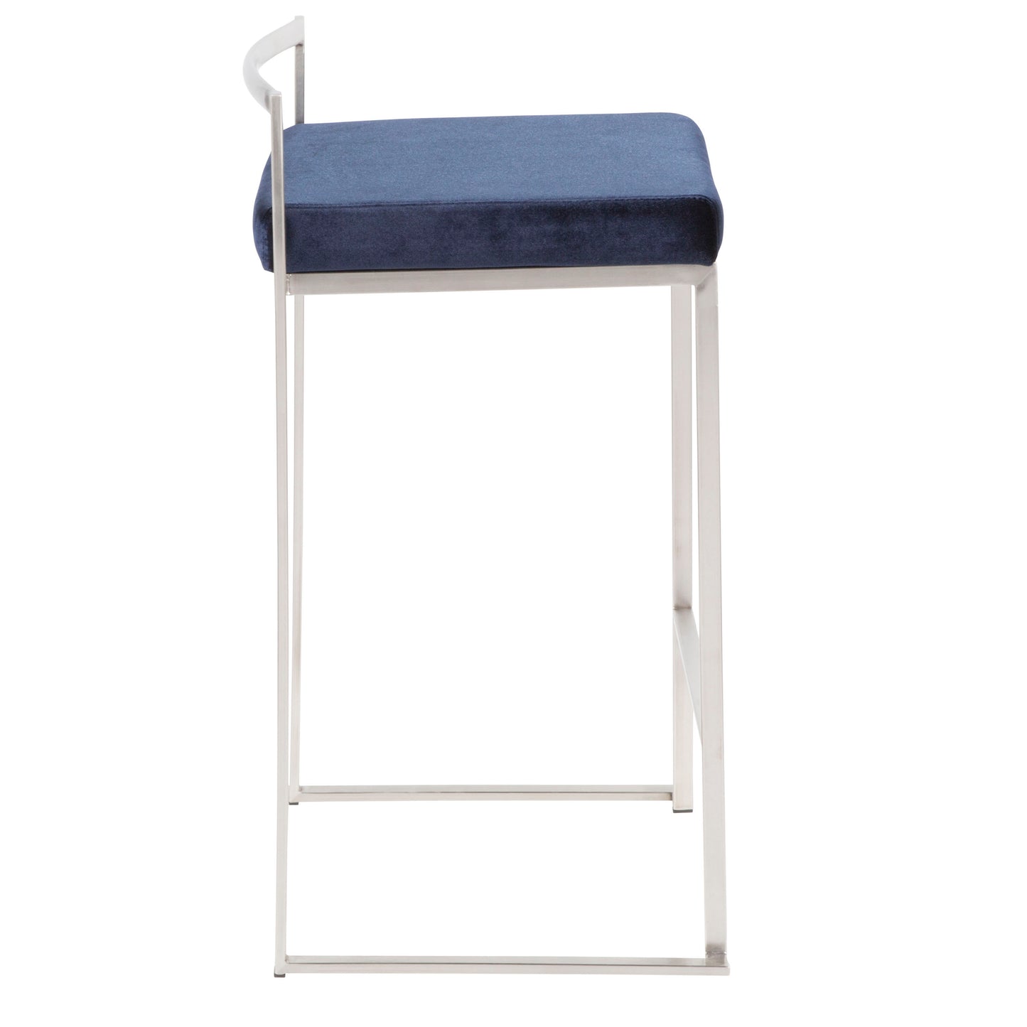 Lemox - Set of 3 - 26" Contemporary Stackable Counter Stools in Stainless Steel with Blue Velvet Cushion - 16" L x 17.5" W x 31" H