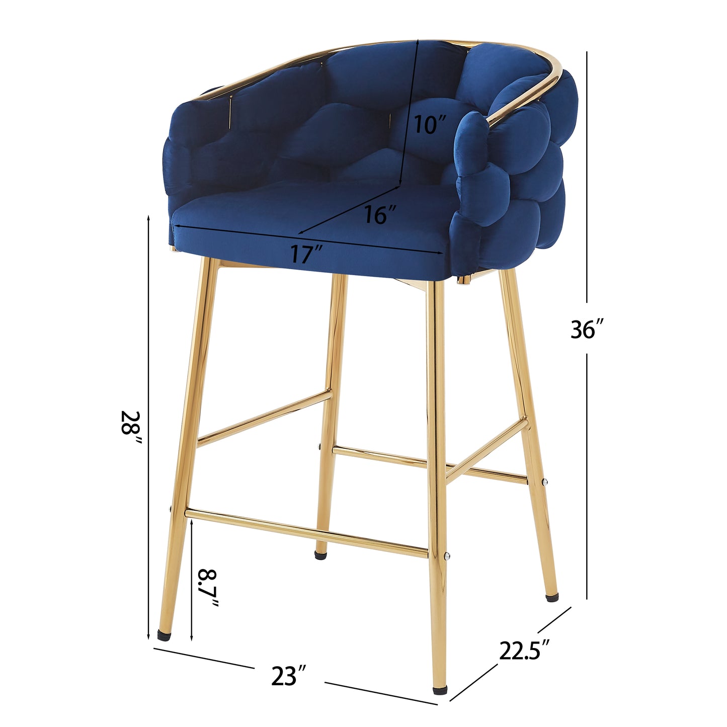 Narelle - Set of 2 - 28" Dark Blue Velvet Modern Counter Stools with Gold Metal Frame, Comfortable Backrest & Footrest