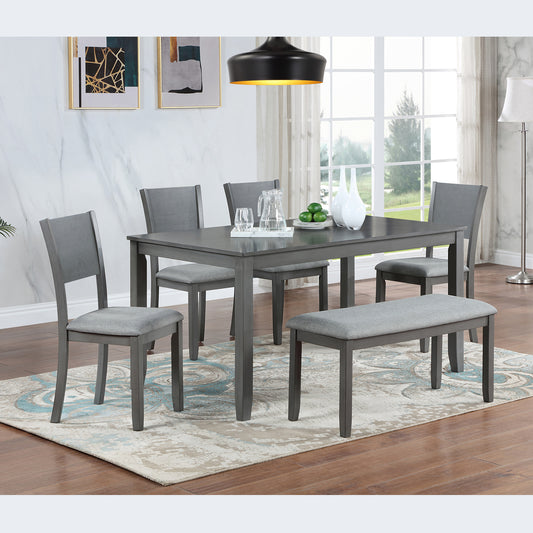 Ashford - Set of 6 - 19" Stool height, 18" Bench and 30" Table Gray Wooden Dining Set with Upholstered Chairs and Bench