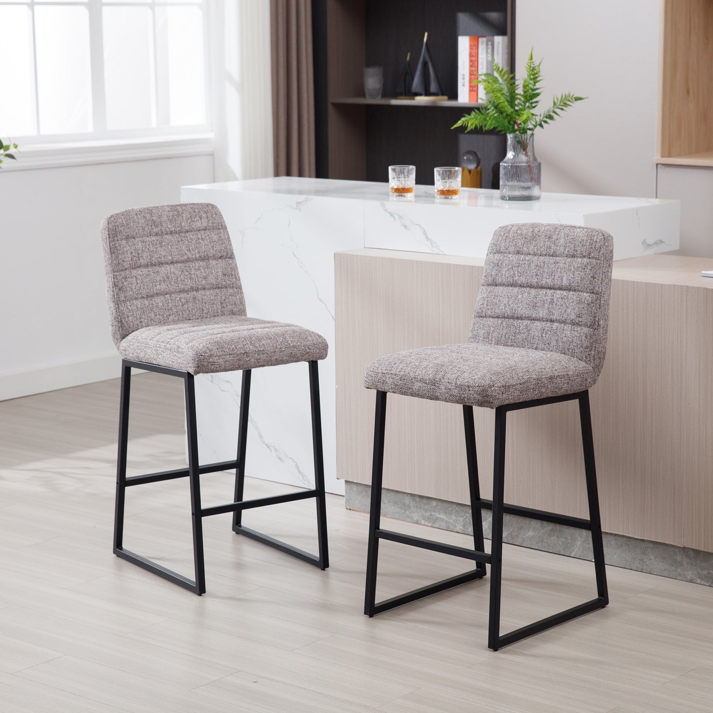 Porter - Set of 2 - 24" Coffee Linen Bar Stools with Footrest - Modern Upholstered Kitchen Chairs