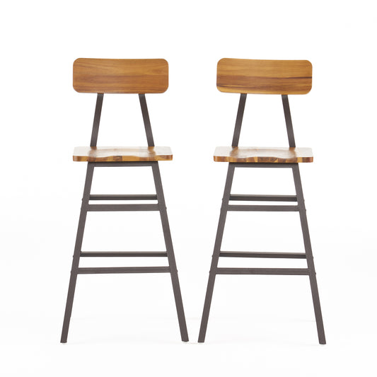 Newbury - Set of 2 - 28" Bar Height Chairs with Natural Stained Acacia Wood and Sturdy Metal Frame