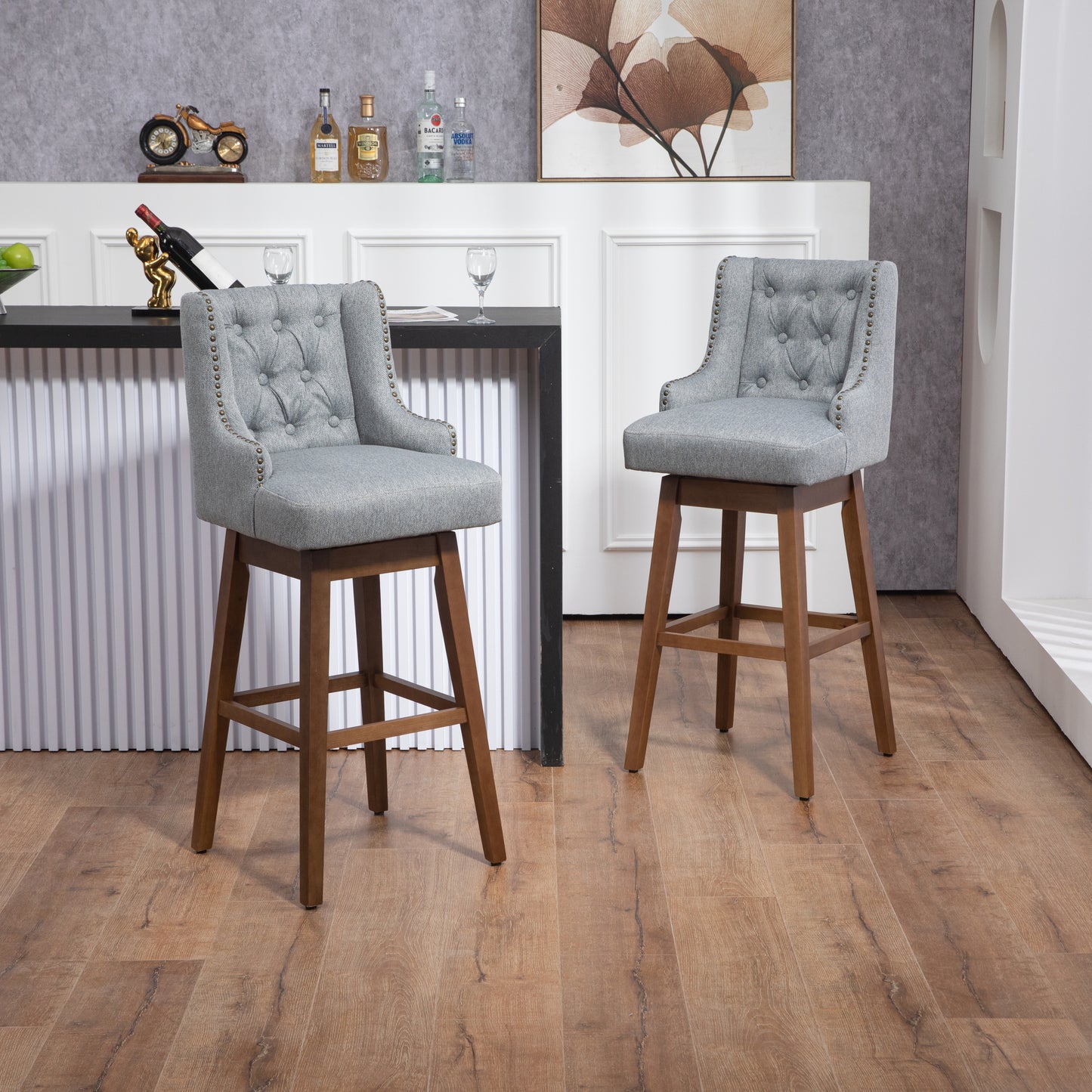 Eric - Set of 2 - 30" Gray Linen Swivel Bar Stools with Button-Tufted Backrest, Solid Wood Legs, Seat Height