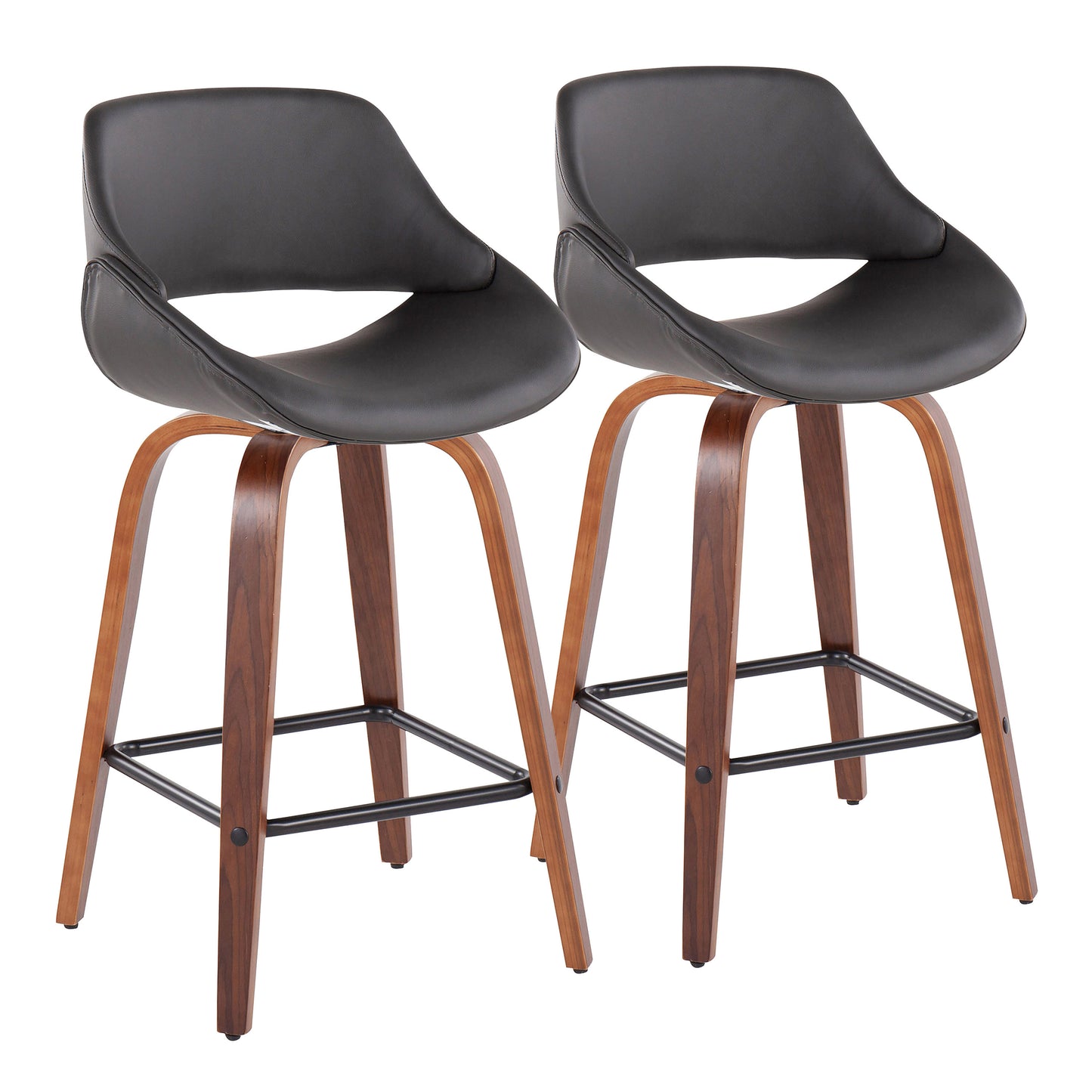 Emrys - Set of 2 - 30" Fixed-Height Mid-Century Modern Counter Stool with Walnut Wood, Grey Faux Leather, and Square Black Footrest