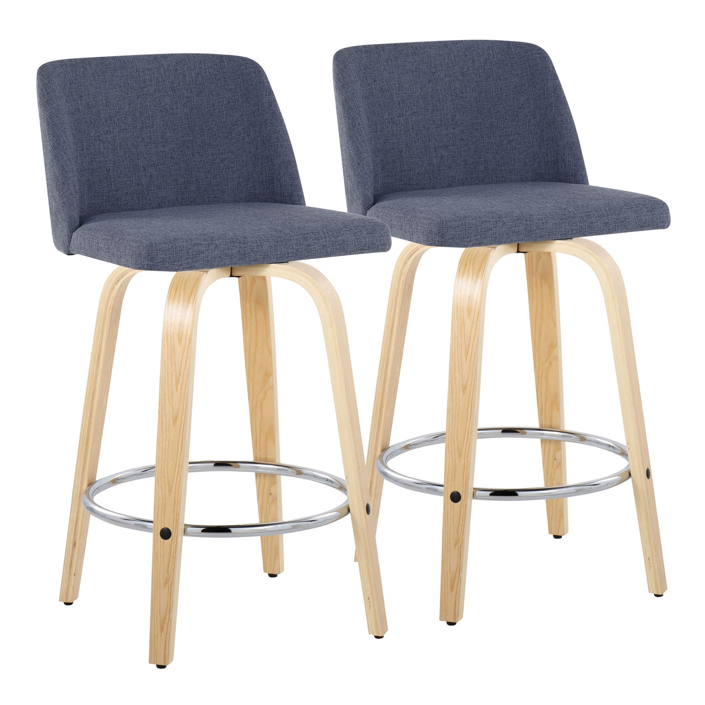 Vesperat - Set of 2 - 26" Contemporary Fixed Height Swivel Counter Stools, Blue Fabric & Natural Wood with Chrome Footrest