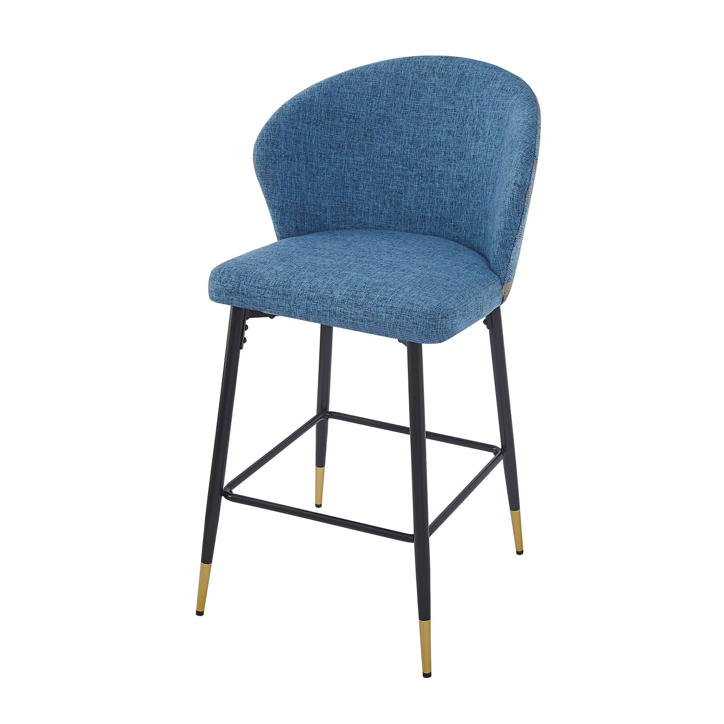 Loressa - Set of 2 - 28" Blue Jacquard Counter Height Bar Stools, Modern Wingback Design, Metal Frame with Black & Gold Footrests