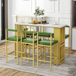 TREXM - Set of 7 - 30" Modern Counter Height Dining Bar Table Set with Open Shelves, White and Green (63” L x 19.7” W x 41.3” H) and 6 Upholstered Stools