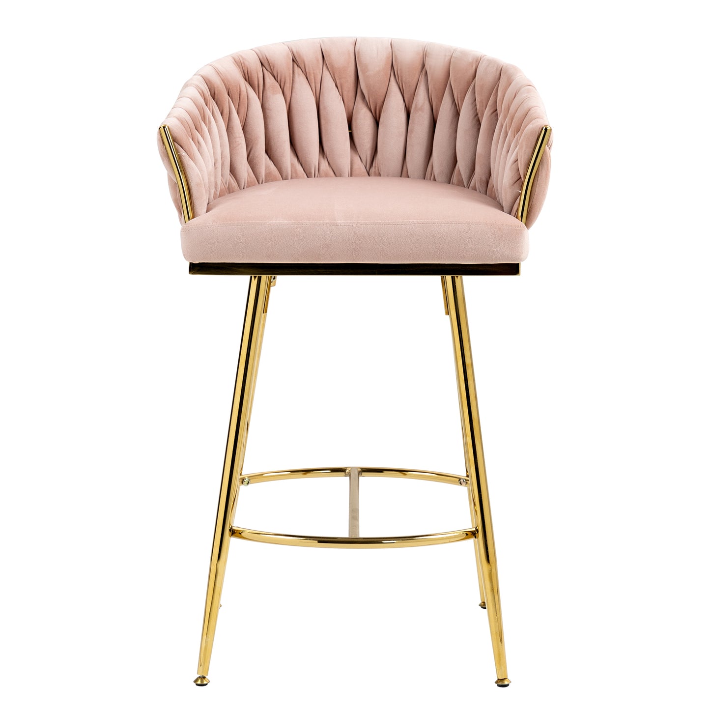 Calista - Set of 2 - 26" Pink Velvet Counter Height Bar Stools with Hand-Wave Back, Golden Chrome Base, and Footrest