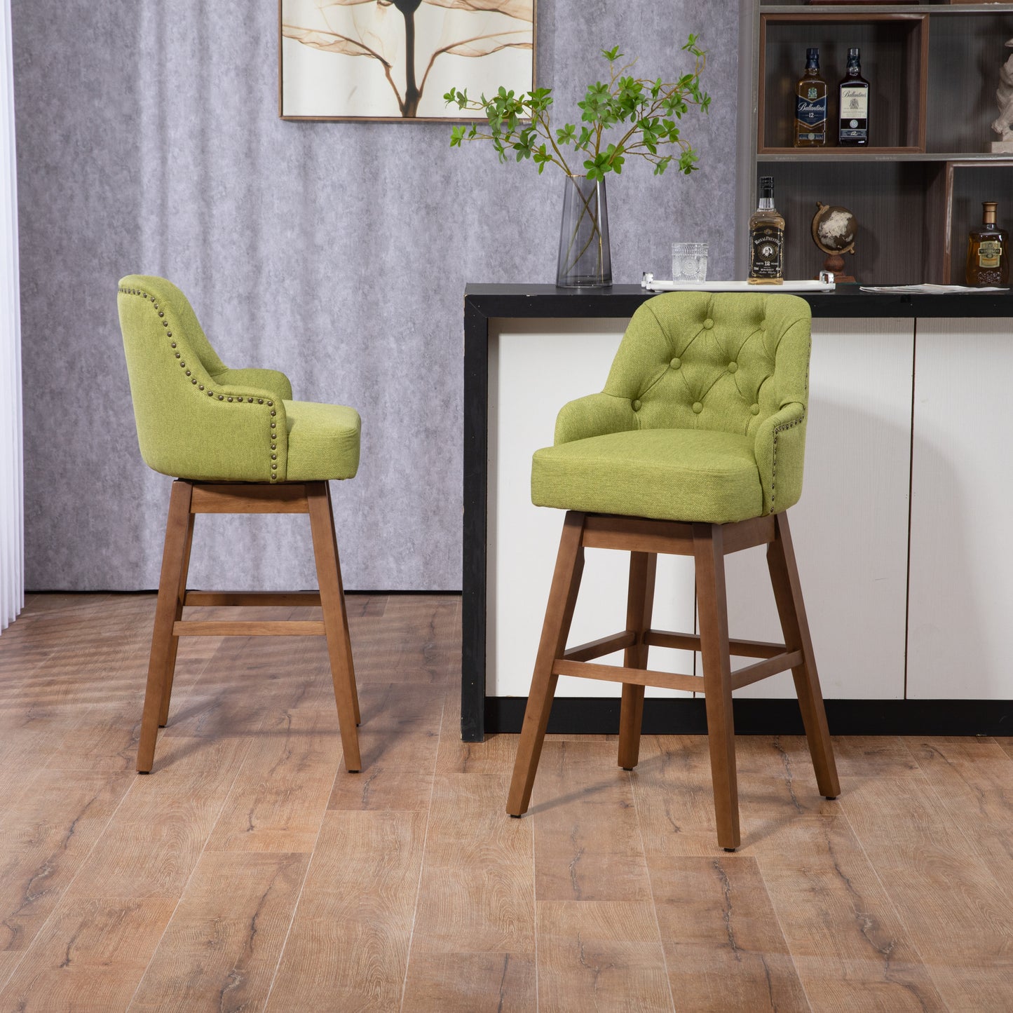 Olive - Set of 2 - 27"  Linen Swivel Counter Stools Seat with Solid Wood Legs - 360° Rotation for Kitchen & Dining Room