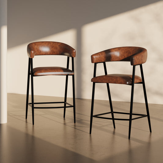 Launa - Set of 2 - 26" Brown PU Upholstered Counter Stools with Iron Frame, Backrest & Footrest for Kitchen, Bar, Home