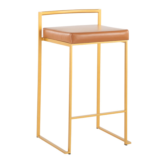 Lysarion - Set of 2 - 29" Gold Metal Stackable Bar Stools with Camel Faux Leather Cushions