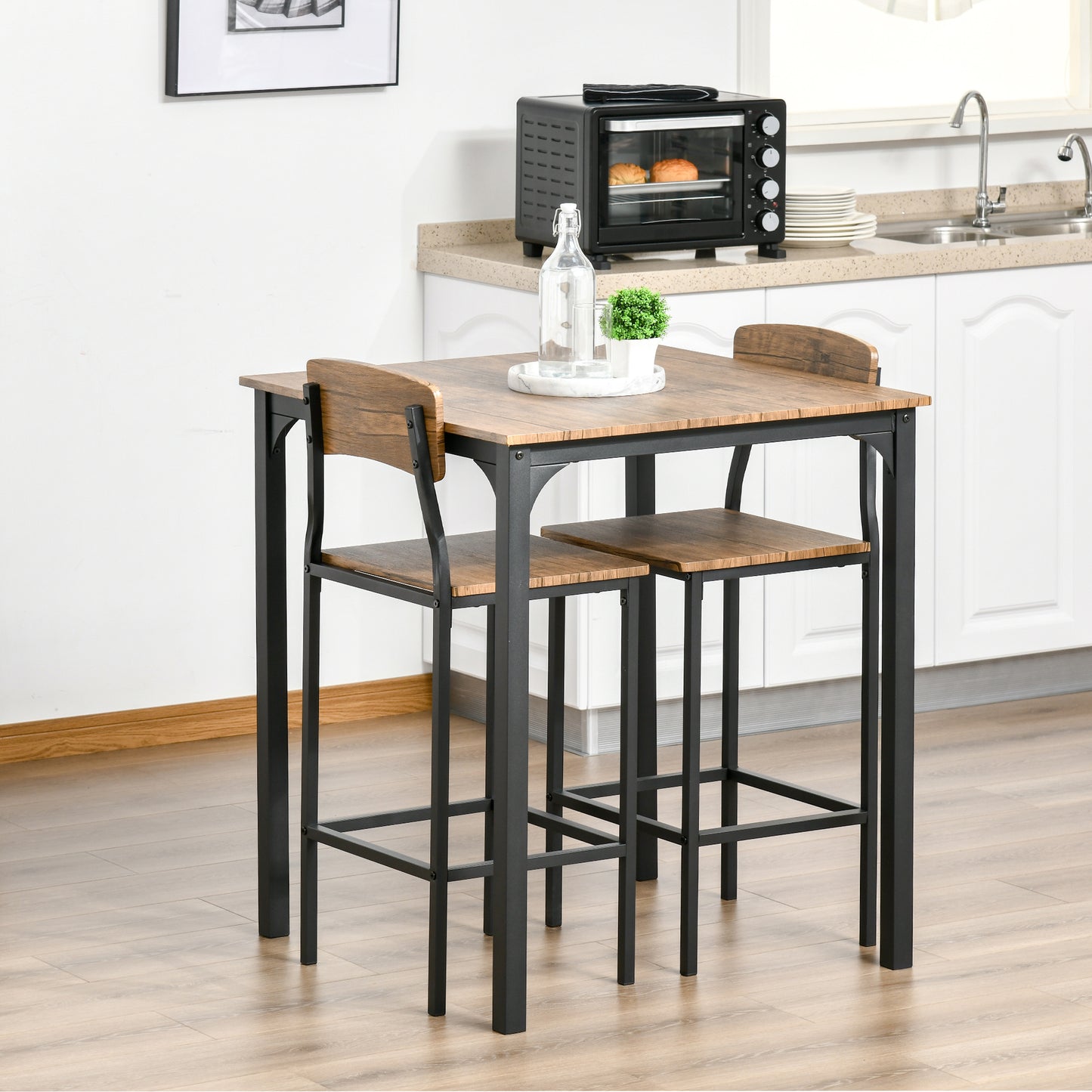 Vitalis- Set of 2 - 27" Black Swivel Wood Bar Stools with High Back - Industrial 3-Piece Bar Table Set with Steel Legs & Footrests