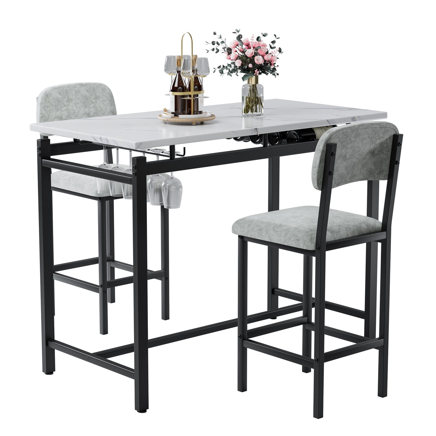 Hadria - Set of 2 - 28"  Gray Bar Table Set with 2 Upholstered Chairs, Compact Dining Table for Small Spaces, Rustic Pub and Breakfast Nook