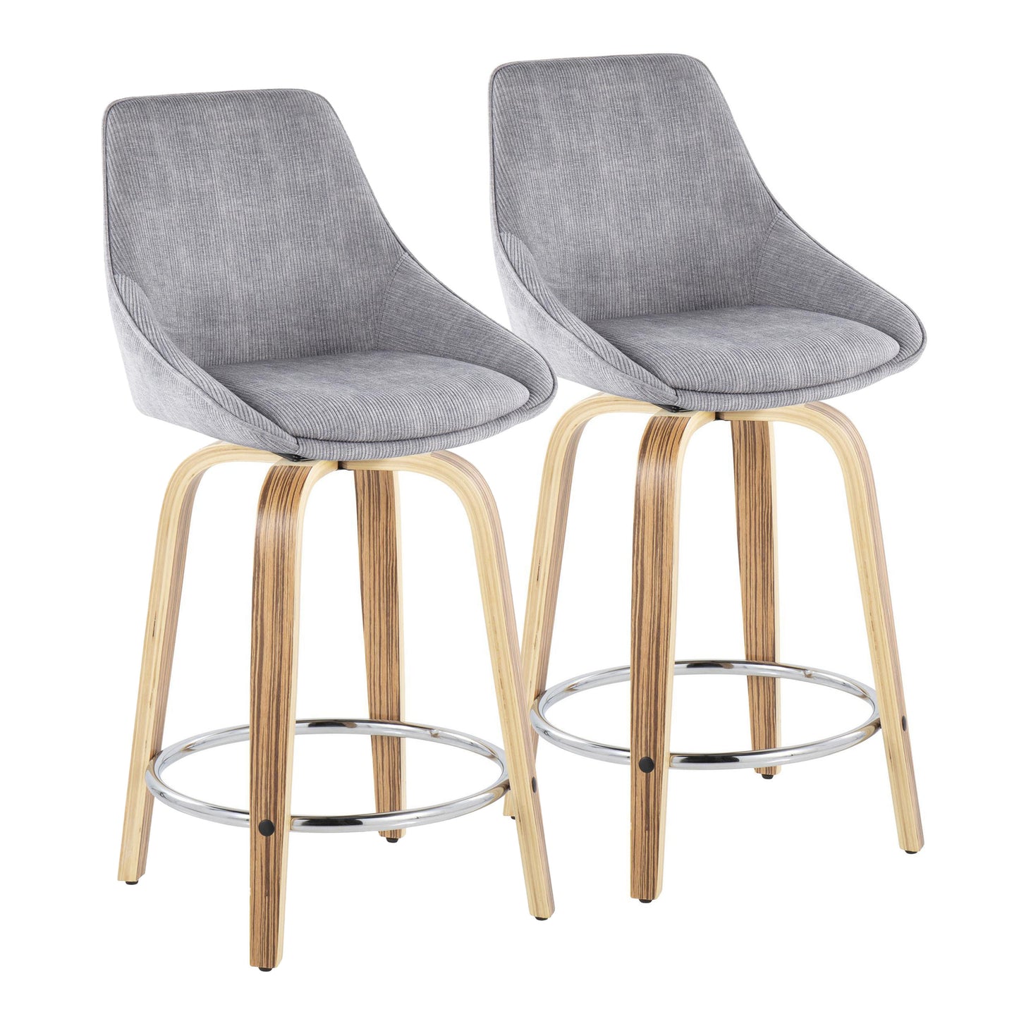 Daven - Set of 2 - 24" Grey Corduroy and Zebra Wood Counter Stools with Swivel and Chrome Footrest