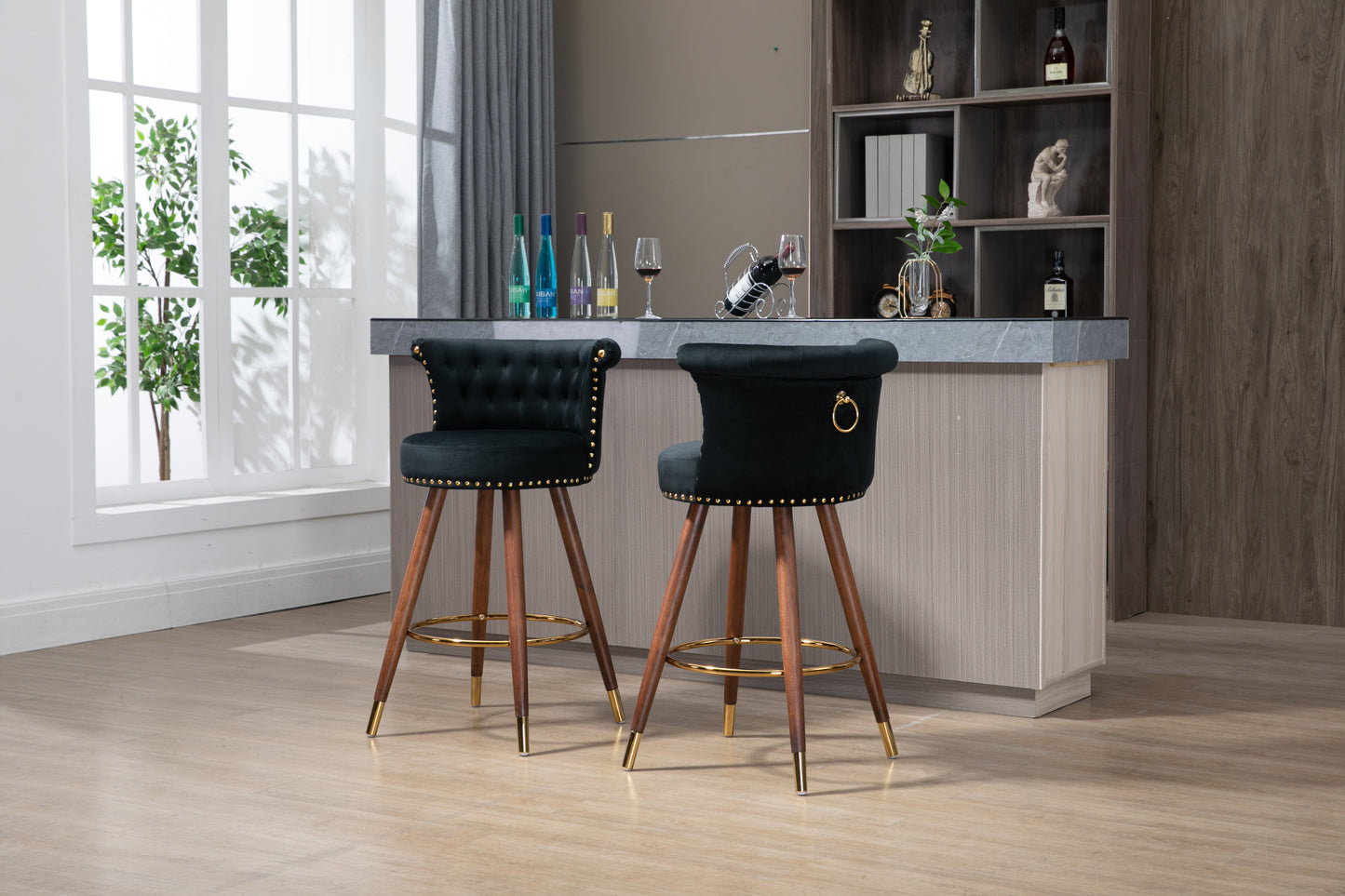 Arin - Set of 2 - 28" Seat Height, Black Swivel Counter Height Bar Stools, 360° with Backrest and Footrest, Light Brown Solid Wood Legs, Retro Design