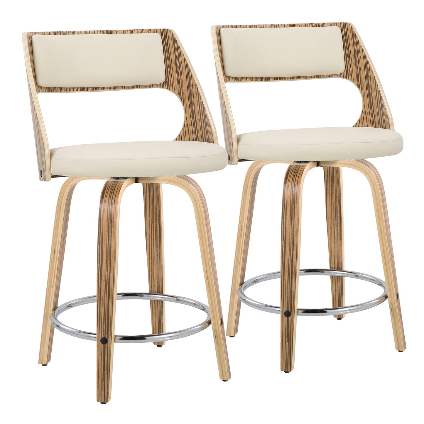 Verona - Set of 2 - 24" Cream Faux Leather & Zebra Wood Swivel Counter Stools with Chrome Footrest - Mid-Century Modern Design