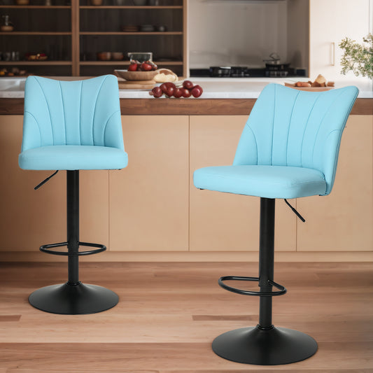 Halvora - Set of 2 - 24" Blue Height Adjustable Swivel Bar Stools with Faux Leather & High Back for Kitchen Island