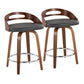 Hesperides - Set of 2 - 24” Walnut Counter Stools with Grey Faux Leather and Chrome Footrest, Swivel Design