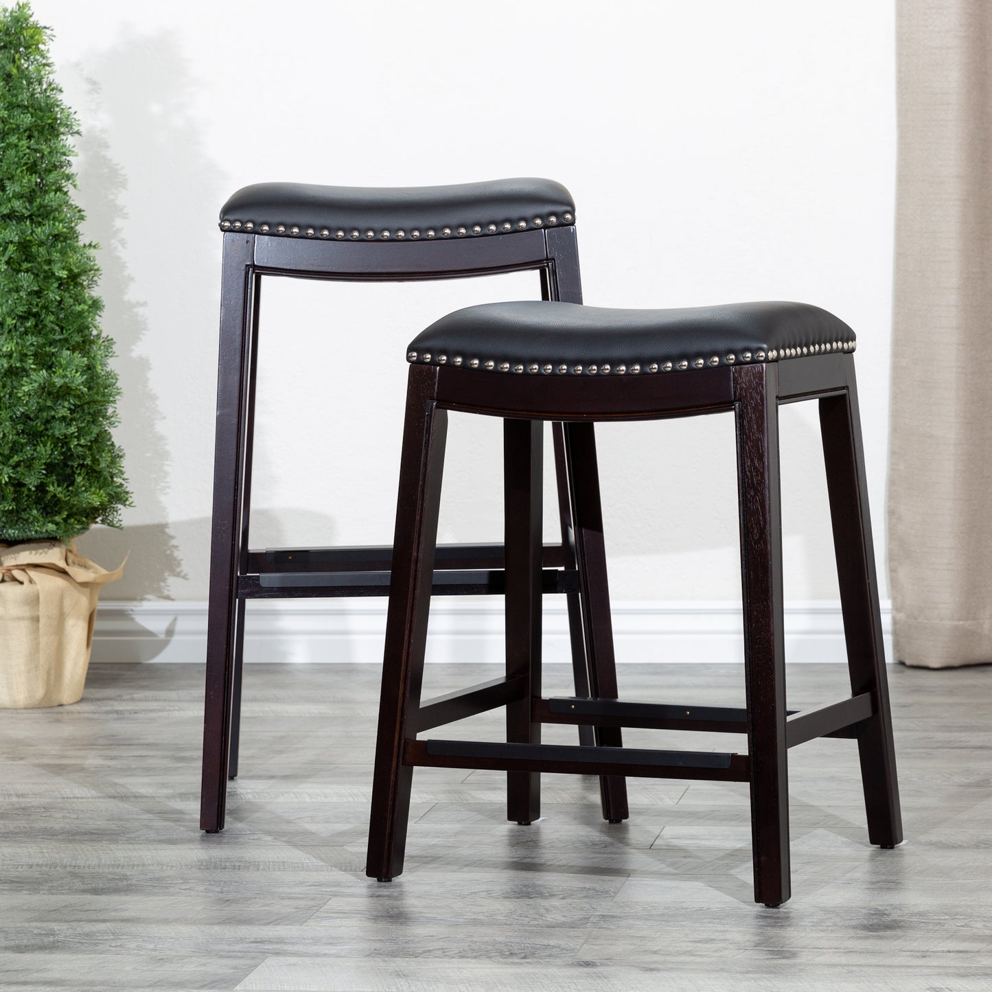 Holly - Set of 2 - 24" Espresso Counter Stools with Black Leather Seat & High Back